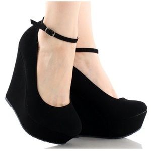Faux suede black wedge platforms with ankle strap